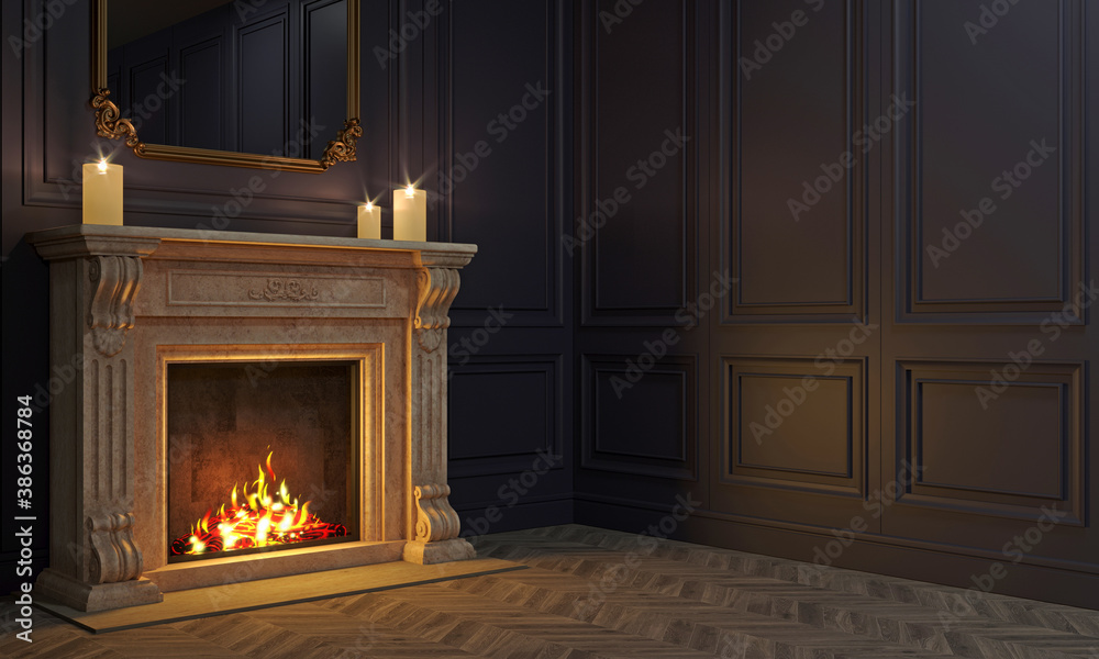 Classic fireplace in a vintage night room - obrazy, fototapety, plakaty 