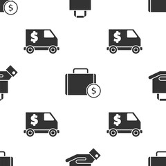 Sticker - Set Hand and paper shopping bag, Briefcase and money and Armored truck on seamless pattern. Vector.