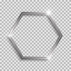 Wall Mural - Silver double hexagon frame with shadows and highlights isolated on a transparent background.