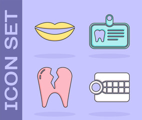 Wall Mural - Set Dentures model, Smiling lips, Broken tooth and Id card with tooth icon. Vector.