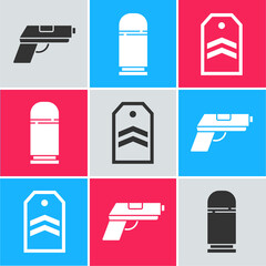 Poster - Set Pistol or gun, Cartridges and Chevron icon. Vector.