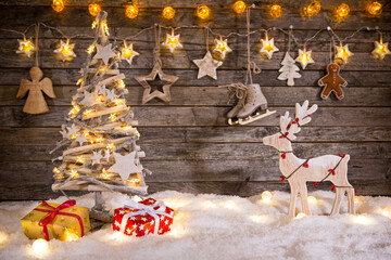 Wall Mural - christmas decoration on wooden background, lots of copy space for your product or text.