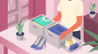Woman Folding Clothes and Accessories in Boxes, Drawers and Metal Basket. Room Cleaning, Sorting Stuff and Tidying Clothes in Wardrobe. Home Organizing Concept. Flat Isometric Vector Illustration.