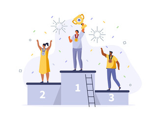 People Characters standing on Podium. Winner holding Gold Cup and Celebrating Victory. Woman and Man Successfully Achieve Reward. Winners and Prize. Success Concept. Flat Cartoon Vector Illustration.