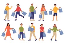 People With Purchases. Shopping Bag, Shop Guy And Female Buying On Crazy Sale. Isolated Shopper Character, Happy Person In Retail Vector Set. Guy And Woman In Retail With Purchase Illustration