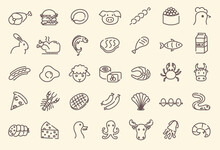 Set Of Food Related Icons. Meat, Poultry, Fish And Eggs. Outline Icons Collection. Minimal Thin Line Vector Illustration.