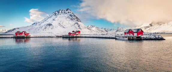 Wall Mural - panoramic winter view of small fishing village - ramberg, lofoten islands, norway, europe. attractiv