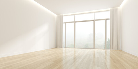 3d rendering of modern empty room with wooden floor and large window on nature background.