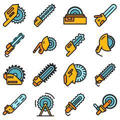 Poster - Electric saw icons set. Outline set of electric saw vector icons thin line color flat on white