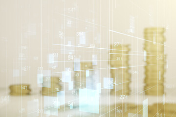 Poster - Double exposure of abstract virtual statistics data hologram on growing stacks of coins background, statistics and analytics concept