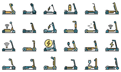 Sticker - Electric scooter icons set. Outline set of electric scooter vector icons thin line color flat on white
