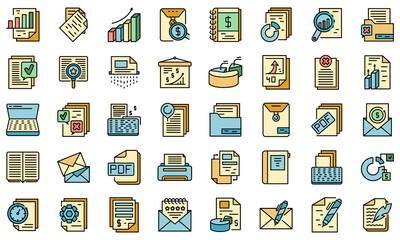 Poster - Report icons set. Outline set of report vector icons thin line color flat on white