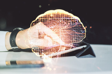 Aufkleber - Double exposure of creative human brain microcircuit and hand working with a digital tablet on background. Future technology and AI concept