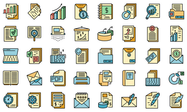 Report icons set. Outline set of report vector icons thin line color flat on white