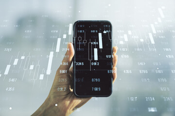 Poster - Multi exposure of creative statistics data hologram and hand with cell phone on background, stats and analytics concept