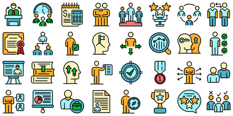 Sticker - Mentor icons set. Outline set of mentor vector icons thin line color flat on white