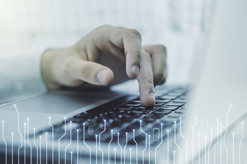 Poster - Creative concept of microscheme illustration and hands typing on laptop on background. Big data and database concept. Multiexposure