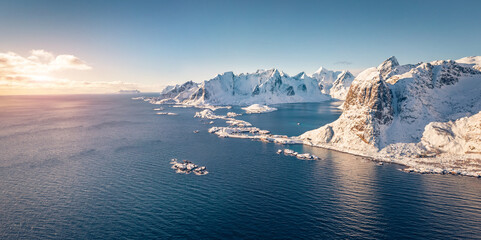 Wall Mural - view from flying drone of hamnoy villege. frosty winter scene of popular tourist destination - lofot