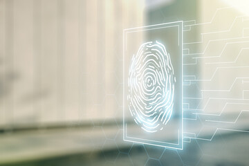 Fototapete - Double exposure of virtual creative fingerprint hologram on contemporary business center exterior background, protection of personal information concept