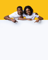 Happy african american couple pointing at blank board