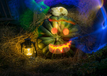 Halloween Pumpkin Head Jack Lantern With Burning Candles In A Scary Deep Night Garden, Glowing Burning Face, Lighted Background, Trick Or Treat. Halloween Time.