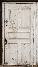 Old Rough Door With White Weathered Paint - Grungy Textured Background