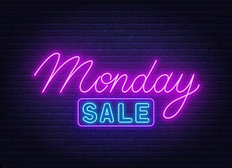 Wall Mural - Monday Sale neon sign on brick wall background .