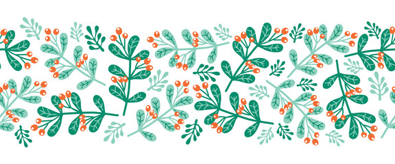 Wall Mural - Christmas mistletoes seamless vector border. Scandinavian style green and red Christmas holiday repeating pattern. Use for ribbons, fabric trim, cards