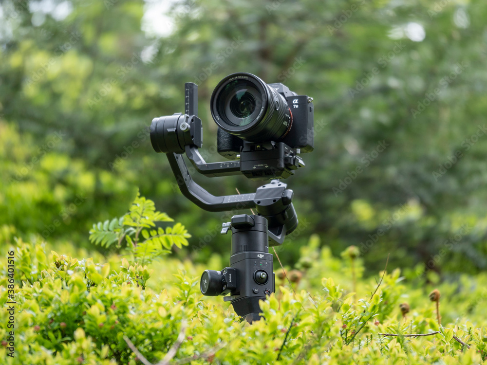 Closeup Sony A7III on a DJI Ronin S Gimbal in the forrest Stock Photo Adobe Stock