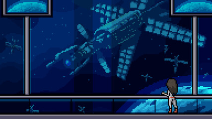 pixel art scene space ship balcony