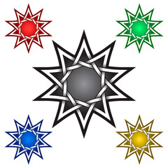 Wall Mural - Ten pointed star logo template in Celtic style. Tribal tattoo symbol. Silver stamp for jewelry design and samples of red, green, blue and golden colors.