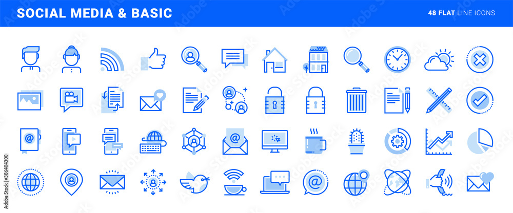 Set of social media and basic office flat line icons. Vector concepts ...