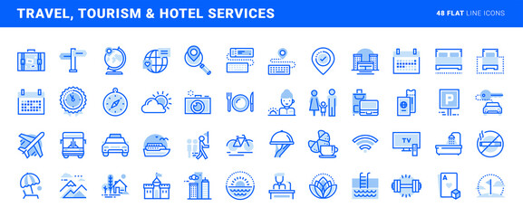 Poster - Set of flat line icons of travel, tourism and hotel services. Vector concepts for website and app design and development.
