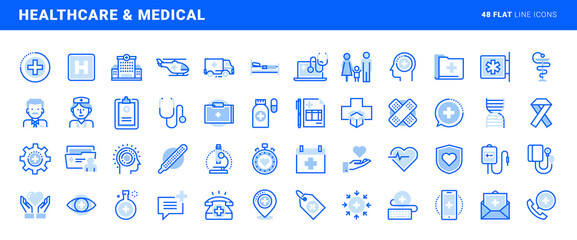 Set of flat line icons of healthcare and medicine. Vector concepts for website and app design and development.
