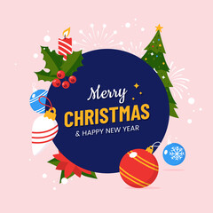 Merry Christmas and Happy New Year greeting card design design in flat cartoon style. Round composition with fir tree, holly, christmas balls and falling snow. Xmas postcard .Vector illustration.