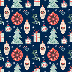 Wall Mural - Decorative Christmas seamless pattern with Christmas trees and decorations, winter design