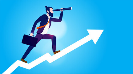 Aufkleber - Businessman using telescope looking for opportunities and standing on rising graph. Business vision and success concept. Vector illustration.