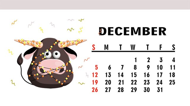 Calendar page 2021. Calendar horizontal with bulls or oxen. Ox character. December.