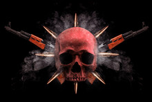 Skull Textured Art Digital Edited And Manipulated Photo Collage Technique. Rifle And Bullets. Smoke.  Crime, War Concept.
