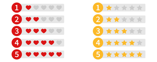 Wall Mural - rating heart and star icons. yellow and red ranking template. isolated review classification on whit