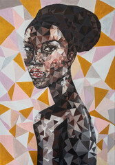 Polygonal portrait of young pretty african woman hand drawn painting acrylic on canvas. Beautiful African American woman face with black afro hair. Yellow and pink background. Fashion African girl