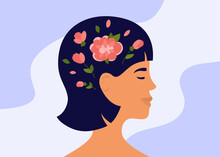 Blooming Brain. Flowers Inside Woman Head. Female Mental Health, Psychology. Mindfulness, Positive Thinking, Self Care. Love Yourself, Slow Life, Wellness Mind Concept. Acceptance Vector Illustration