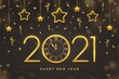 © iuriimotov - Happy New 2021 Year. Gold metallic numbers 2021 and watch with Roman numeral and countdown midnight, eve for New Year. Hanging golden stars on dark background. Holiday decoration. Vector illustration.