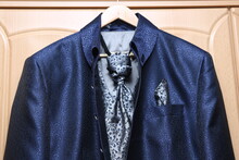 Deep Blue Wedding Coat For Groom With Light Blue Tie And Handkerchief