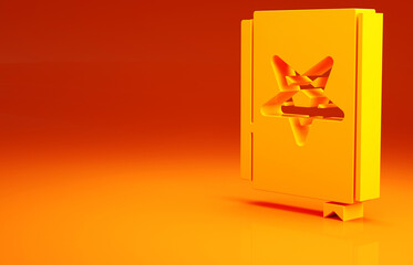 Yellow Ancient magic book with alchemy recipes and mystic spells and enchantments icon isolated on orange background. Minimalism concept. 3d illustration 3D render.