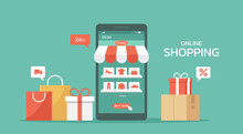 Online Shopping Concept On The Mobile App, Digital Store And E-commerce With Icons On The Shelf On The Smartphone Screen, Web And Banner, Vector Flat Illustration