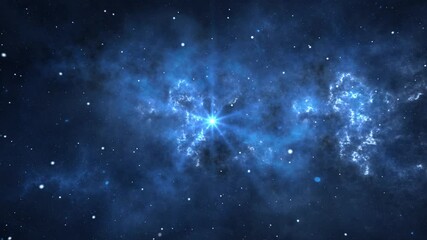 Wall Mural - 4K Loop Space background. Camera is flying through the Dark blue color nebula. The stars around. Science, astronomy, Nebula, Dust particles Clouds. For Titles, Intro, Logo Reveal, Effect, Scene.