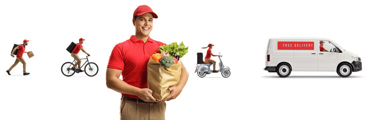 Wall Mural - Male worker from a food delivery company with other workers and a van
