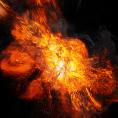 Poster - realistic fiery explosion on black background. bomb detonation with black smoke.