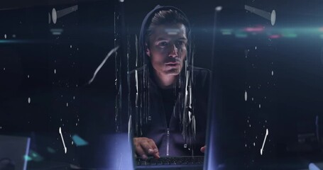 Poster - Screens of network of connections against male hacker using computer